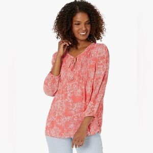 Tommy Hilfiger Pin Tuck Blouse 3/4 Sleeves Tie Neck Scoop Neck Lined Sz XL